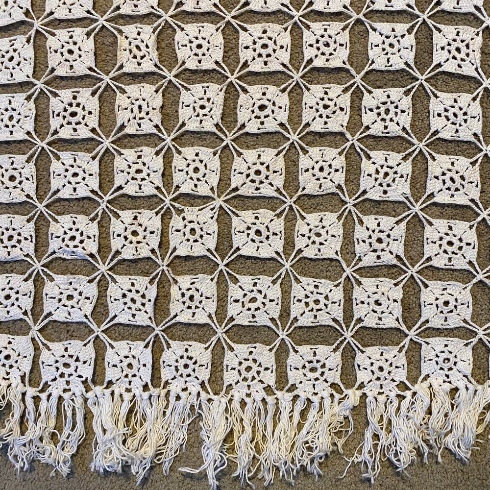 Vtg Handmade 77x112” Crocheted Table Cloth Tan Beige Crochet Bed Coverlet